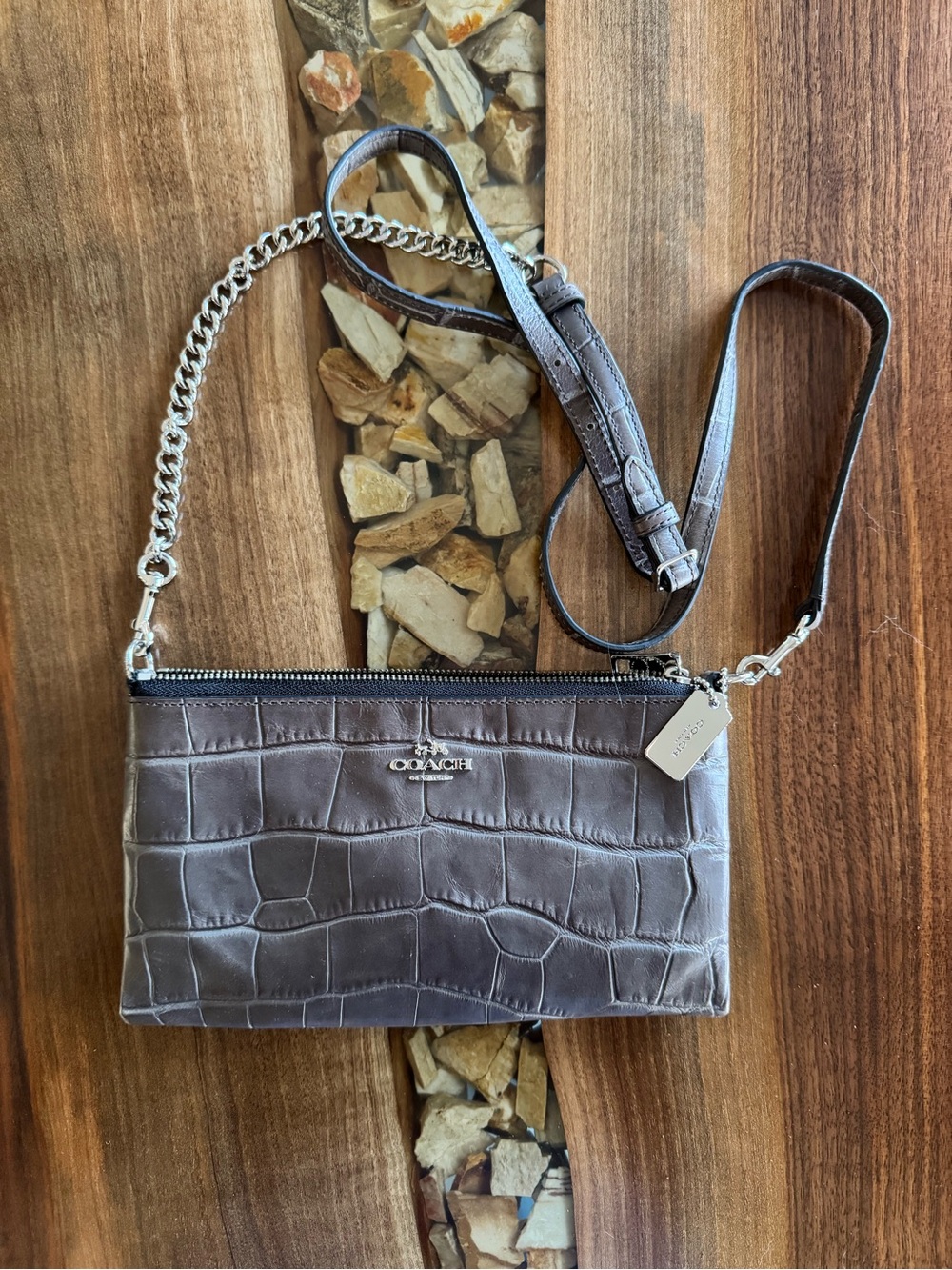 Coach Croc-Embossed Leather Crossbody - Dark Taupe